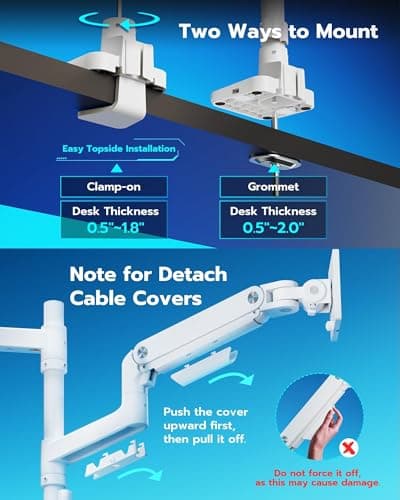 ARES WING Dual Monitor Arm for Ultrawide Heavy Duty Curved Monitor Stacking, Fits 17-49 Inch, Vertical Gas Spring Double Monitor Stand with USB, Adjustable Dual Monitor Mount for Desk, White 8