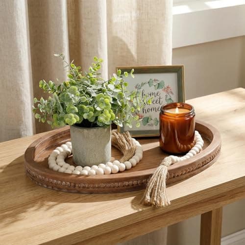 16" x 11.8" Oval Wood Decorative Tray with 58" Bead Garland, Farmhouse Coffee Table & Kitchen Island Décor, Rustic Brown Entryway Console Tray for Styling, Candles & Small Items 7