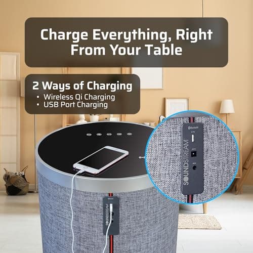 Soundstream STSW-180MCM-G Home End Table with Tempered Glass Swivel Top, 5 Channel Speaker System, Wireless Charging, USB Charging Port, Smart Corner Table with Surround Sound 6