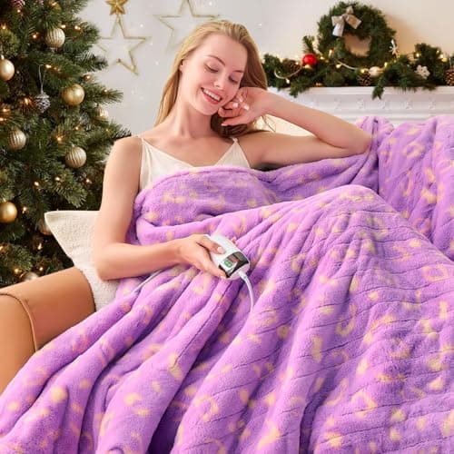 Leopard Print Heated Electric Blanket Throw,50X60 Purple Heating Blanket with 10 Heats Levels & 8 Hours Auto Off,Cute Cheetah Soft Fleece Sherpa Blankets Warmer Gifts for Women Washable 7
