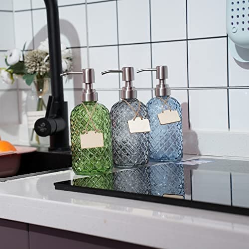 16 oz Diamond Pattern Glass Soap Dispenser, Kitchen and Bathroom Refillable Soap Dispenser with Rust Resistant Stainless Steel Pump for Hand Soap, Lotion Glass Liquid Dispenser (Blue) 5