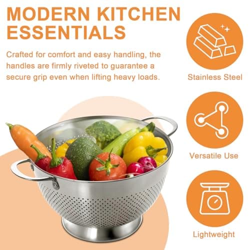 Stainless Steel Colander Set of 3 (1.5-3-5Quart) | Durable Rice and Pasta Strainer with Handle | Oversized Handles | Nesting Design | Rust-Resistant & Dishwasher Safe 5