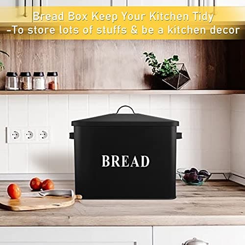 P&P CHEF Extra Large Bread Box with Lid, Metal Bread Storage Container for Farmhouse Kitchen Countertop, 13.1” X 11.81” X 7.2” Inches for Holding 2+ Loaves, Indoor & Outdoor Use, Black 6