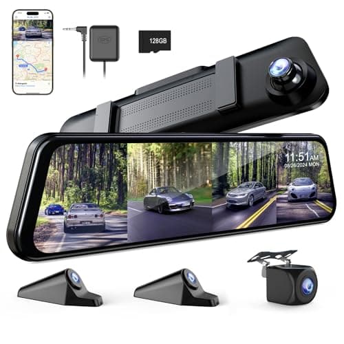 360 Degree View 4 Channel Mirror Dash Cam Detached Camera for Cars，Dash Cam Front and Rear Side(Left,Right),12'' Rear View Mirror Camera1080Px4,WiFi,Night Vision,GPS,Parking Monitor,Free 128GB Card