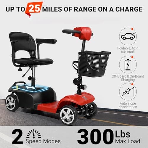 FWFFWF Mobility Scooter, 4 Wheels Rechargeable Electric Scooter for Adults and Seniors W/Lights,Removable Basket, Rotating Seat and Cup Holder, Red 7