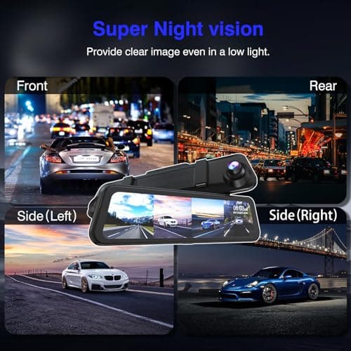 360 Degree View 4 Channel Mirror Dash Cam Detached Camera for Cars，Dash Cam Front and Rear Side(Left,Right),12'' Rear View Mirror Camera1080Px4,WiFi,Night Vision,GPS,Parking Monitor,Free 128GB Card 6
