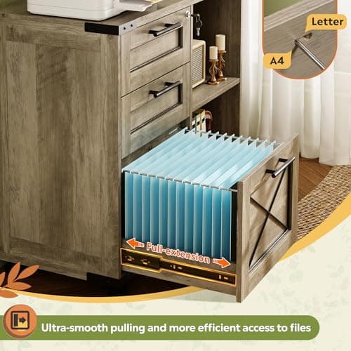 DEVAISE Wood File Cabinet with Charging Station, Mobile Lateral Filing Cabinet with Lock for Home Office, Printer Stand with Open Storage Shelves, Gray Oak 5