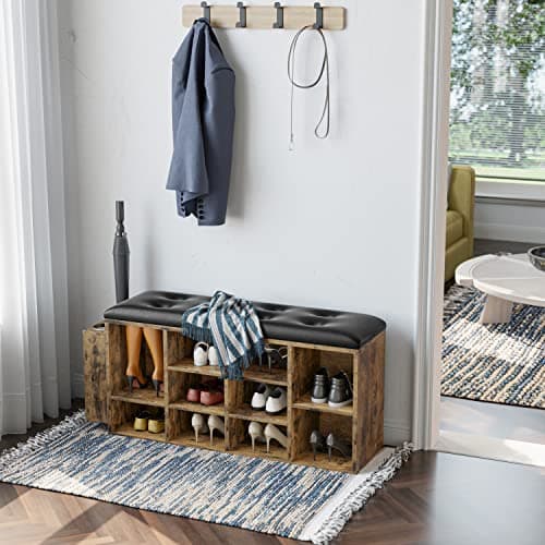 IRONCK Shoe Bench with 10 Cubbies, Storage Entryway Bench with PU Leather, Shoe Storage Rack Organizer with Adjustable Shelves, Vintage Brown 10