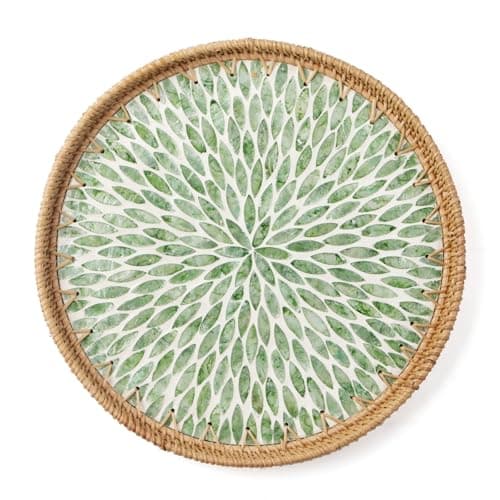 Aayoruro Round Rattan Tray with Mother of Pearl Inlay, Decorative Wicker Serving Tray with Wooden Base, Woven Basket Trays for Bread Fruits Coffee, Leaf