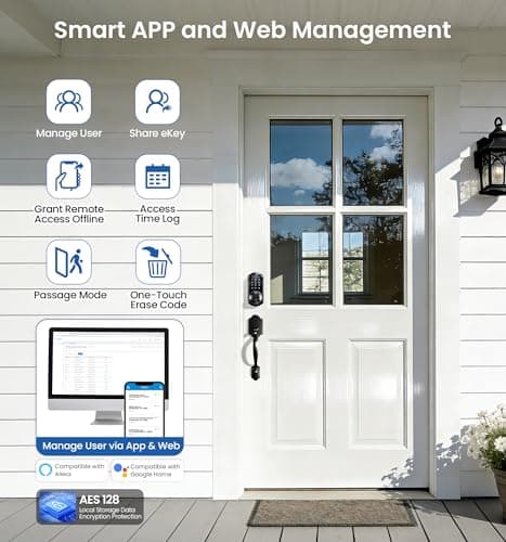 Veise VE07-H Fingerprint Smart Locks for Front Door with Handle Set, App Control, Keyless Entry Keypad Deadbolt, Digital Electronic Touchscreen, Easy Install, Auto Lock, Matte Black 5