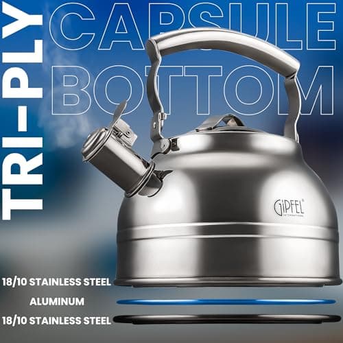GIPFEL INTERNATIONAL Whistling Tea Kettle Stovetop - Food Grade Stainless Steel Teapot for Stove Top with Ergonomic Handle for Gas, Induction, Electric Stovetops 2.3 Quart 5