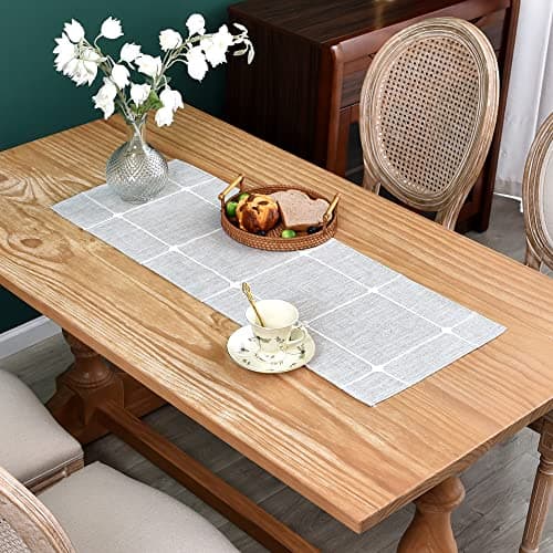 Embroidered Cloth Table Runner Rustic Plaid Farmhouse Table Runners Checkered Rectangle Runner for Dinning Dresser Coffee Party Holiday Table Decor Grey 13 x 36 inch