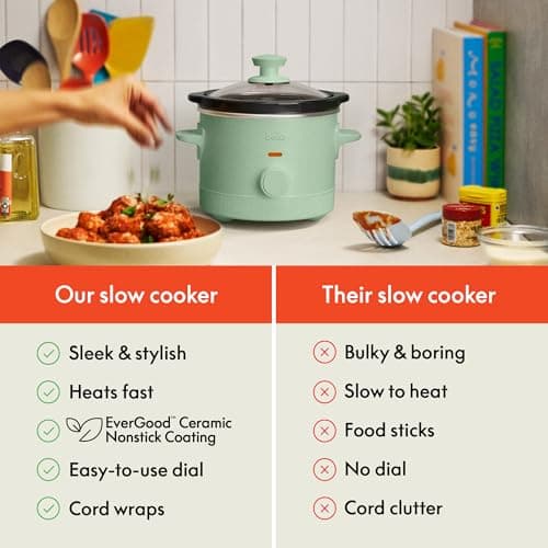 bella 1.5 Qt Slow Cooker with 3 Heat Manual Control, Ceramic Nonstick Coating, Dishwasher Safe Stoneware Pot and Tempered Glass Lid, Tangle Free Cord Wrap & Cool Touch Handles, Seaglass 7