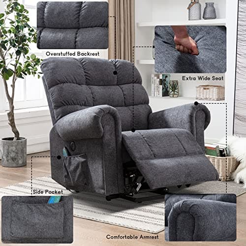 CANMOV Large Power Lift Recliner Chairs with Massage and Heat for Elderly Big People, Heavy Duty Electric Reclining Chairs Overstuffed Wide Recliner with USB Port and Side Pocket, Gray 5