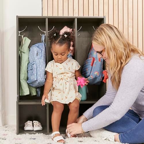 ECR4Kids Streamline 3-Section Toddler Coat Locker with Bench, Classroom Furniture, Grey Wash 10