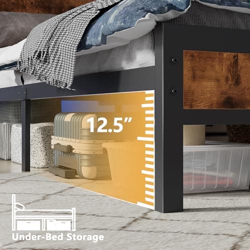 Furnulem Full Size Bed Frame with Storage Headboard, Industrial Platform Bed with Charging Station and LED Lights, Heavy Duty Metal Slats, No Box Spring Need, Noise Free 6