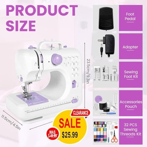 Sewing Machine for Beginners – Clearance！12 Built-in Stitches, 2 Speed Foot Pedal, LED Light, 32-Color Thread Kit, Mini Electric for Kids & Adults, Portable Home Mending & Crafting – Only $25.99 6