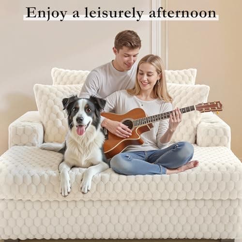 Oversized Chaise Lounge Chair Indoor 58 Inch Soft Cushioned Sofa Bed with Armrests and Cup Holder Plush Faux Fur Reading Chair for Living Room Bedroom Office Cloud Sofa Combination Milky White 9