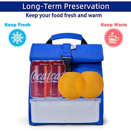 SUNNY BIRD Insulated Lunch Bag Rolltop Lunch Box Tote Lunchbox Bag for Women, Men, Adults and Kids (Blue) 2