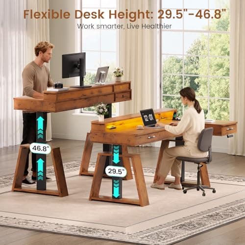 SEDETA 59 Inch L Shaped Electric Standing Desk with Drawers, Executive Adjustable Desk with Power Outlets, Monitor Stand, Sit Stand Computer Table for Home Office, Brown 7