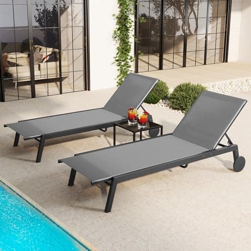 YITAHOME Patio Chaise Lounge Set of 3, Aluminum Outdoor Lounge Chairs with Side Table, Adjustable Backrest Poolside Loungers with Wheels for Pool Beach Patio Lawn Porch - Gray