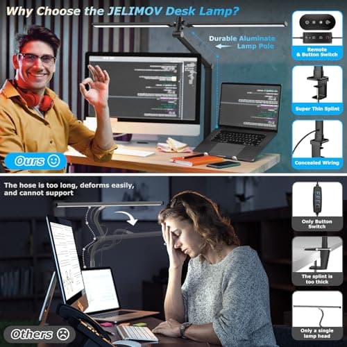 JELIMOV LED Desk Lamp for Home Office, Eye Caring Architect Desk Light with Remote, Dual Screen Computer Monitor Light with Stepless Dimming, Stepless Color Temp, Memory Function for Study, Dark Black 4