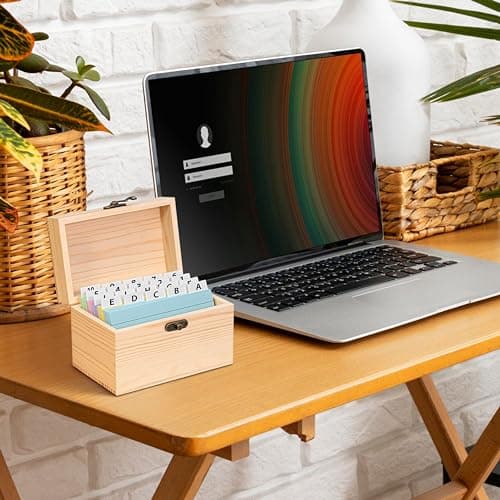 MOBYKE Index Card Holder 3x5, 100 Pcs Heavy-Duty Index Card Business Card Organizer Wooden Recipe Box with Dividers Flash Card Holder with 30 White Dividers, 1 Blank Sticker and 1 Letter Sticker 6