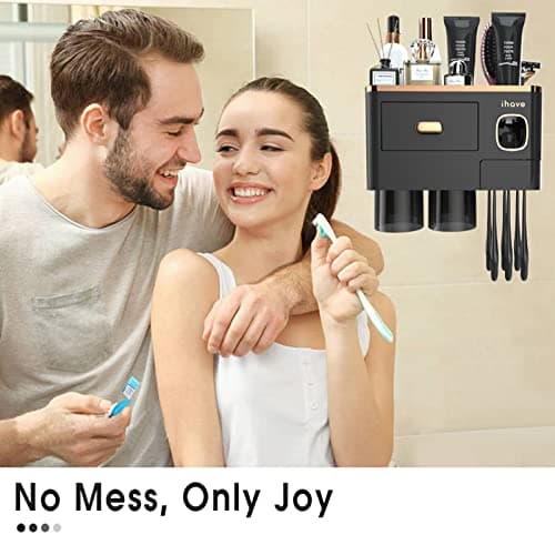 iHave Toothbrush Holders Wall Mounted with Toothpaste Dispenser & 2 Cups - Luxury Black and Gold Design for Bathroom Decor, All-in-One Bathroom Organizers & Storage for Toothbrushes and Accessories 6