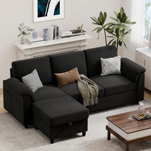 Vongrasig 79" Convertible Sectional Couch Sofa with Storage Ottoman, 3 Seat L Shaped Couch with Side Storage Pockage, Small Couches for Living Room, Apartment and Small Space, Black