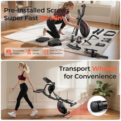 Pleny Folding Exercise Bike, 5 IN 1 Stationary Bikes for Home 6.6 LBS Flywheel, 330LB Weight Capacity Back Support Cushion Indoor Workout Cycling Bike for Home Gym, Black-red 7