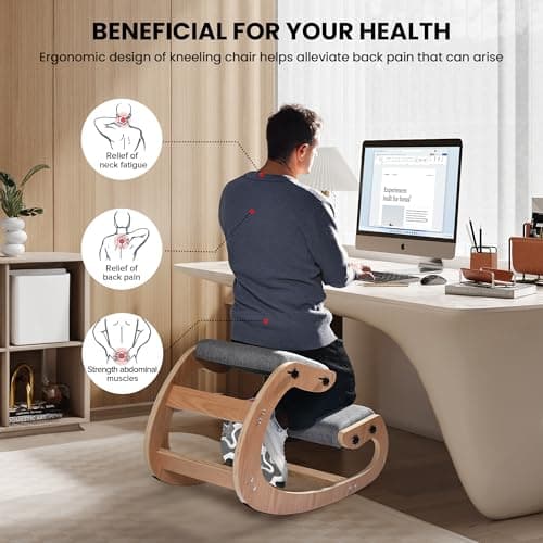 Easyego Kneeling Chair Ergonomic Posture Chair, Wood Adjustable Rocking Knee with Soft Padding, Natural Relief for Neck or Back Pain for Home Office, Max Load 300 lb - Gray 5