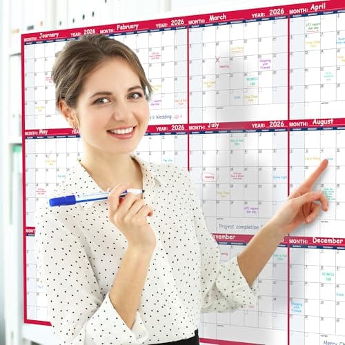 Large Dry Erase Calendar for Wall – Yearly Wall Calendar Dry Erase, 58" x 37", 12-Month Undated Blank Calendar Planner, Reusable Laminated Wall Calendar, 15 Round Stickers, Perfect for Home, Office and School - Blue With Red 9