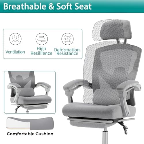 DUMOS Home Office Desk Chair with Footrest, High-Back Mesh Rolling Swivel Reclining Chairs with Wheels, Comfortable Headrest, Lumbar Support, Comfy Arms for Home, Office, Gaming, Student, Grey 8