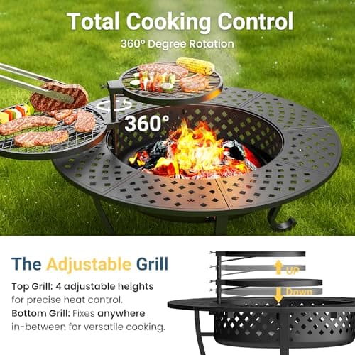 Wisteria Lane 3 in 1 43" Extra Large Fire Pit for Outside Wood Burning with 2 Adjustable Grills, Outdoor Fireplace with Lid and Fire Poker, BBQ & Bonfire & Round Metal Table for Patio, Backyard 5