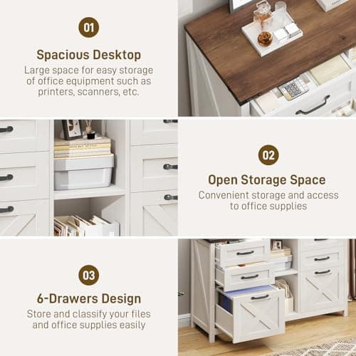 Lateral File Cabinet with 6 Drawers, Farmhouse Filing Cabinet for Letter/A4 Size, Wood File Storage Cabinets Printer Stand with Open Storage Adjustable Shelf for Home Office Cabinets, White and Brown 5
