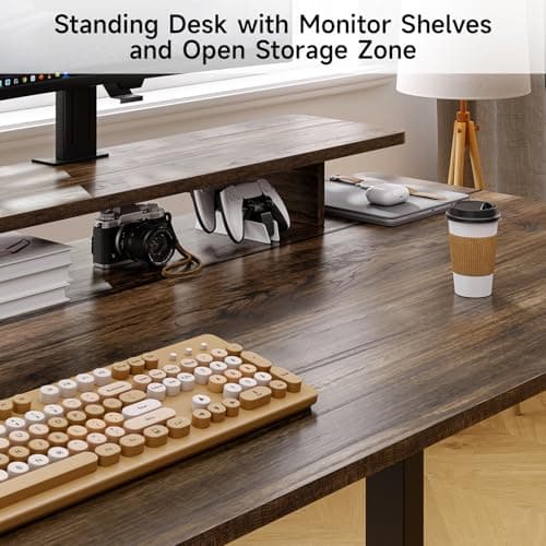 ONBRILL L Shaped Standing Desk with File Cabinet, 63x24'' Electric Stand Up Desk with Monitor and Storage Shelf, Adjustable Height 28-46'' for Home and Computer Workstation, Walnut 5