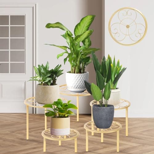 mekpiwu 5-piece set of metal plant potted flower racks, heavy-duty flower pot plant racks of different sizes, iron flower racks, suitable for indoor and outdoor home decoration (Black) (5, Gold)