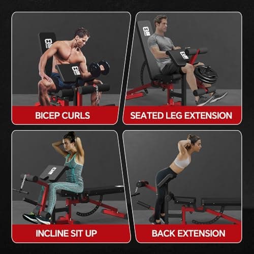 FAGUS H Adjustable Weight Bench, Heavy Duty Workout Bench Press with Leg Extension and Preacher Curl Pad for Home Gym Fitness, Flat Incline Decline Sit Up Bench, Red 8