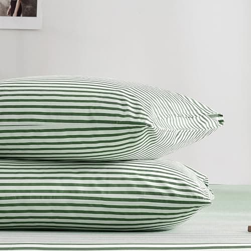 JELLYMONI 100% Natural Cotton Striped Standard Pillowcases Set, 2 Pack White and Green Stripes Pattern Printed Pillow Covers with Envelope Closure(Pillows are not Included) 8