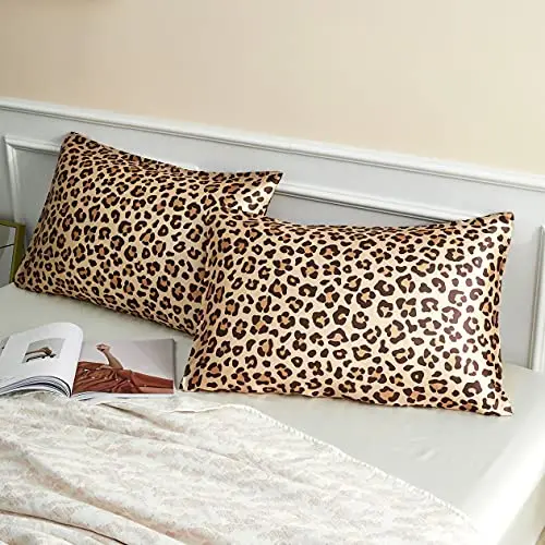 LCBD Satin Pillowcase for Hair and Skin, Gold Leopard Printed Pillow Cases Set of 2, Standard Size Silk Satin Pillow Covers for Women with Envelope Closure
