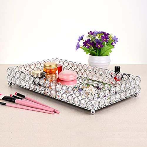 Hipiwe Crystal Cosmetic Vanity Tray, Mirrored Decorative Jewelry Organizer Tray for Perfume, Trinket, Makeup Display Dresser Home Decor (Large, Silver) 7