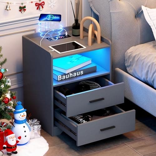 dnbss Grey Night Stand with Wireless Charging Station, Nightstand with 2 Drawers, Smart Bedside Table with 24-Color RGB Lighting, Modern LED Lighted Nightstand for Bedroom