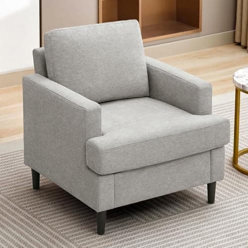 Weture Mid-Century Accent Chair,Modern Linen Fabric Armchair for Living Room,Comfy Upholstered Reading Accent Chairs for Bedroom,Single Sofa Chair with Wood Legs (Light Grey, 1 Pack) 6