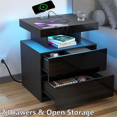 HOMMPA LED Nightstand with Wireless Charging Station & USB Ports High Gloss Bedside Table with LED Light RGB Adjustable Brightness Smart Nightstand 2 Drawers Night Stand for Bedroom Black 5