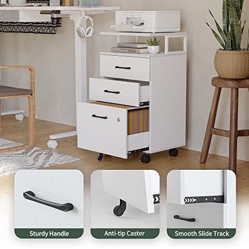 FEZIBO File Cabinet with Lock for Home Office, 3-Drawer Rolling Filing Cabinet, Home Office File Cabinet for A4/Letter/Legal Size, Printer Stand, Wooden Storage Cabinet, White 6
