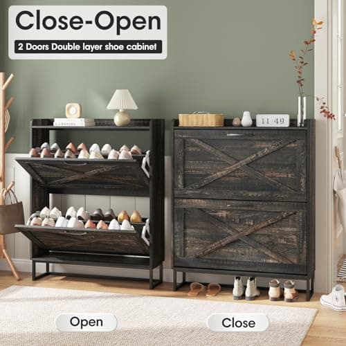 Maupvit Shoe Storage Cabinet with 2 Flip Drawers, Freestanding Organizer with Metal Legs for Entryway, Narrow Shoe Rack Cabinet, Dark Rustic Oak 5