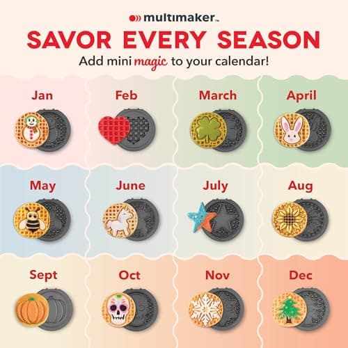 Dash Holiday MultiMaker Mini System - Includes Seasonal Snowflake, Pumpkin, Heart, Santa, and Classic Waffle Plates - Red, Six 4-Inch Removable Plates 6