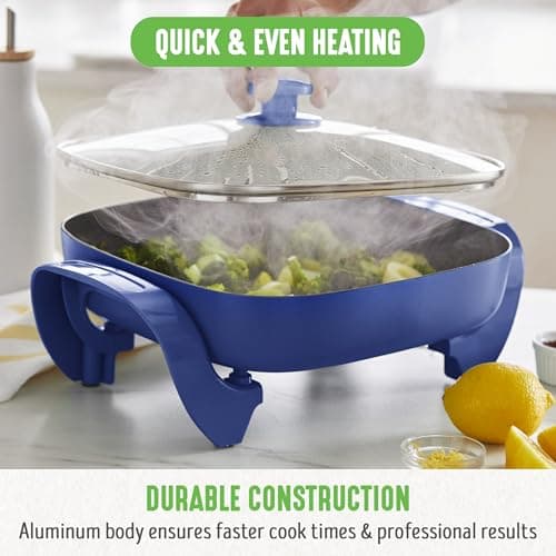 GreenLife 12" 5QT Square Electric Skillet, Glass Vented Lid, Ceramic PFAS-Free Nonstick Coated Interior, Adjustable Temperature Control, Cool Touch Handles, Quick Even Heating, Scratch Resistant, Blue 6