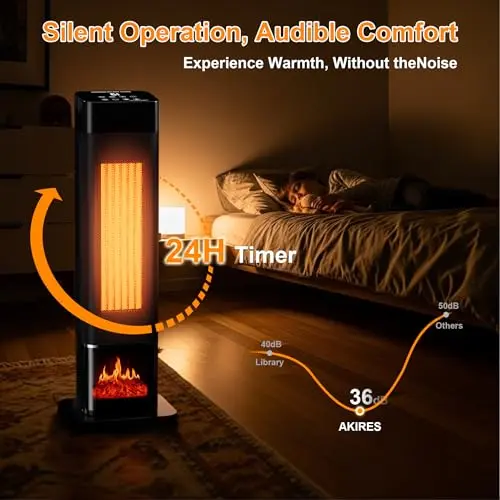 YEW Space Heater for Indoor Use, 1500W Portable Electric Heater with Thermostat, 120° Oscillation, 24H Timer, Remote Control, Ceramic Tower Heater Fan for Large Room, Bedroom, Office, Garage, 25" 8