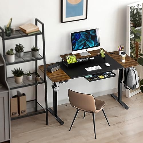 SHW 62-Inch Electric Height Adjustable Standing Desk with Monitor Riser and Drawer, Walnut 6